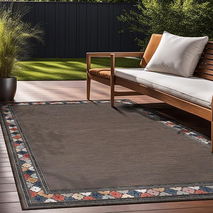Beverly Rug Outdoor Rug 8x10 Modern Bordered Area Rugs for Indoor and Outdoor Patio Easy to Clean Non Shedding Living Room Porch Garden Washable Outside Carpet (8 x 10 Brown)