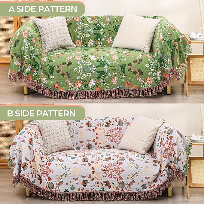 Boho Throw Blanket 80"x90", 100% Cotton Ultra Soft Luxury Throw for Couch and Sofa Blankets Home Decor, All Season Florals and Animals Throw Reversible Breathable Cozy Blankets