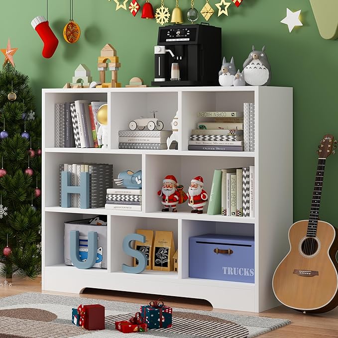 Book Shelf Set of 2, 8 Cubes Storage Organizer, 3-Tier Open Shelf Wooden Bookcase, Freestanding White Bookshelf Cube Shelf for Bedroom, Living Room, Home Office