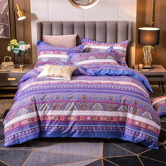 ABREEZE Bohemian Vintage Queen Size Floral Cotton Bedding Set 3Pcs Duvet Cover Set Boho Purple Paisley 100% Egyptian Brushed Cotton Reversible Home Bedding Collection