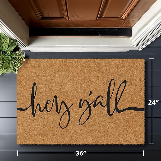 Barnyard Designs Natural Coco Coir Heavy Duty Backing Doormat - Large Cute Non-Slip Front Door Welcome Mat for Outside Entrance or Porch Entry, Brown (24x36, Y'all)