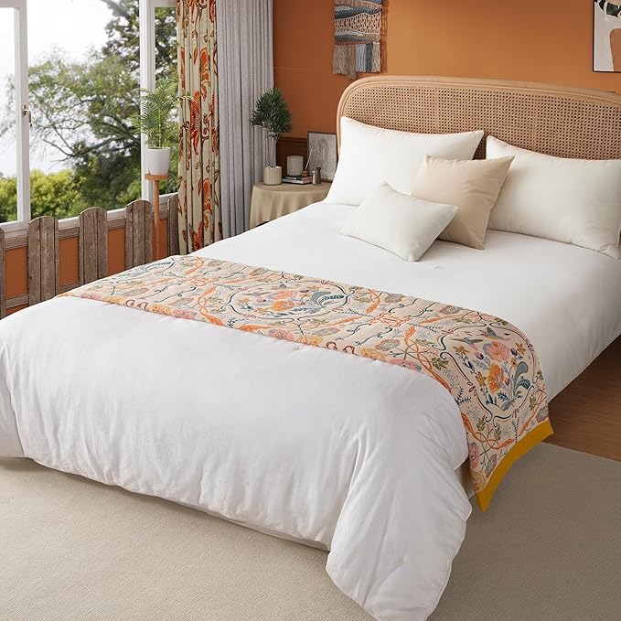 Boho Throw Blanket Twin Size, Soft Cozy Cotton Muslin Quilt Blanket for Bed Decor, Floral Patterned Couch Sofa Chair Cover, Vintage Farmhouse Cottage Tapestry Woven Blanket, Yellow&Blue