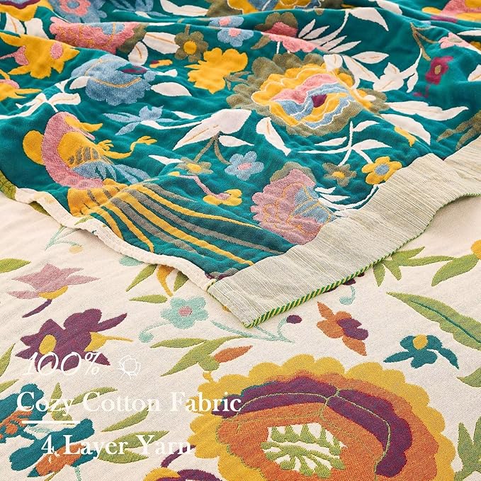 Boho Throw Blanket for Bed, 100% Cotton Soft Rustic Quilt Fall Blanket, 50"x60" Colorful Floral Printed Farmhouse Decor Bed Blankets, All Season Rustic Reversible Bohemian Throw Quilt
