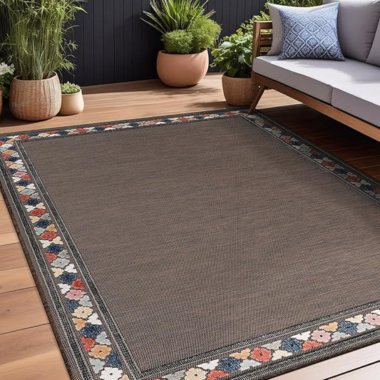 Beverly Rug Outdoor Rug 8x10 Modern Bordered Area Rugs for Indoor and Outdoor Patio Easy to Clean Non Shedding Living Room Porch Garden Washable Outside Carpet (8 x 10 Brown)
