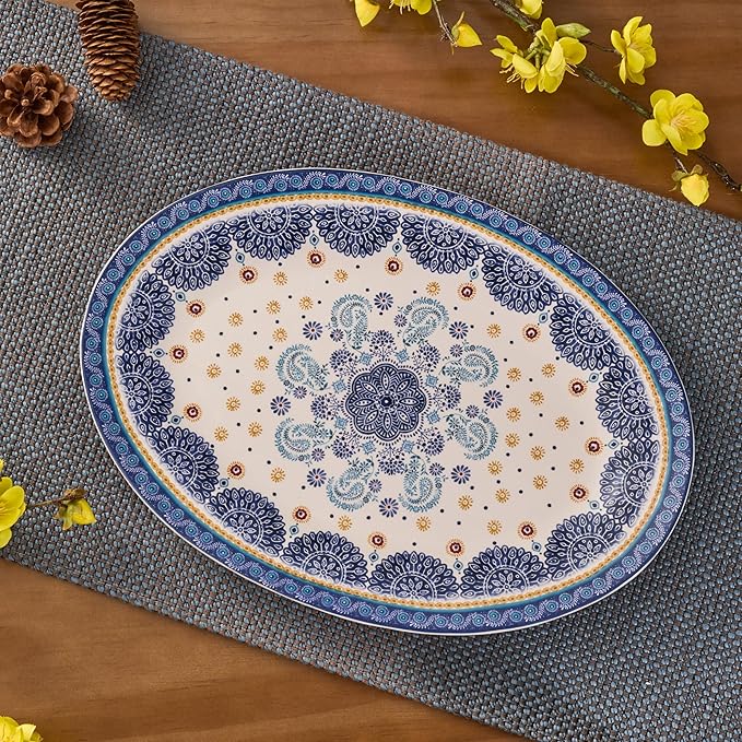 Bico Blue Talavera 16 plus 14 inch Oval Platters Set, Set of 2, Microwave and Dishwasher Safe, for Serving Fish, Chicken, Turkey