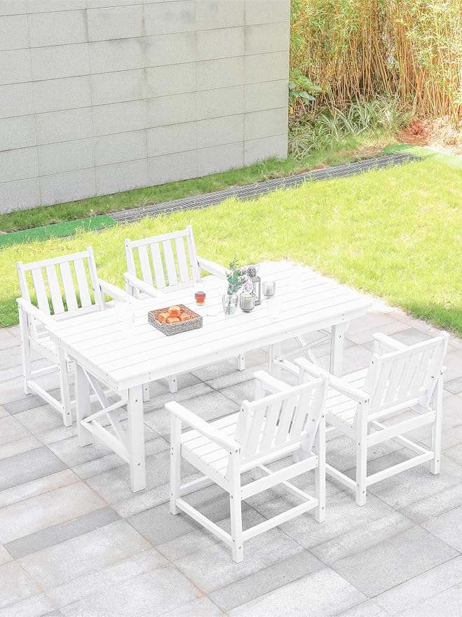 HDPE Patio Dining Set, 5-Piece Outdoor Table and Chairs with Umbrella Hole, Modern Outdoor Dining Set for 4, HDPE Outdoor Patio Furniture Dining Sets for Deck, Poolside, Porch, Pearl