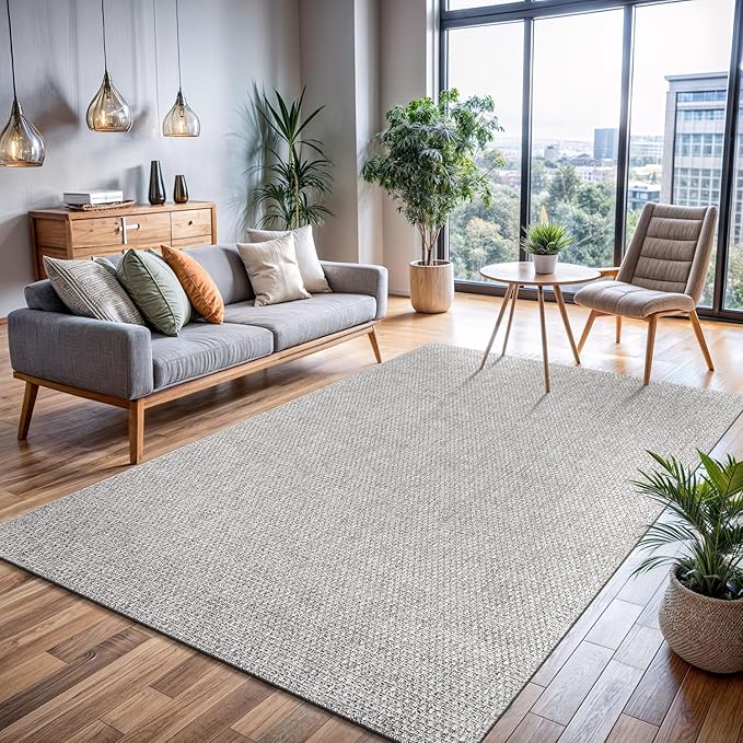 CAMILSON Easy Jute Rug 6x9, Indoor Outdoor Gray Color Farmhouse Area Rugs for Living Room Patio and Kitchen Rug, Solid Boho Woven Design, Easy-Cleaning, Washable Outside Carpet Alfombras (6 x 9)