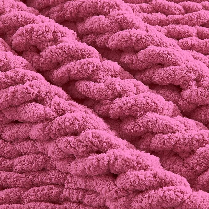 Carriediosa Chunky Knit Throw Blanket 60" X 80" Twin, 100% Hand Made Large Chenille Loop Yarn Soft Fluffy Throws for Couch Sofa Bed, Big Crochet Cozy Heavy Thick Cable Woven Blankets, Hot Pink