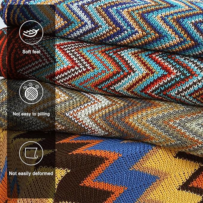 Boho Throw Blanket - Bohemian Fringe Tassels， for Bed Couch Soft ChairBlanket Double Sided (50"x70") (Blue)