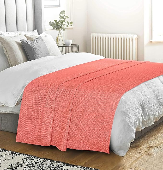BELIZZI HOME 100% Cotton Bed Blanket, Breathable Bed Blanket Full Queen Size, Cotton Thermal Blankets Full Queen, Perfect for Layering Any Bed for All Season, Coral
