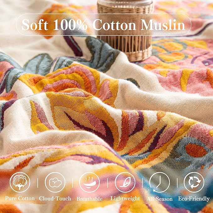 Boho Throw Blanket Throw Size, Soft Cozy Cotton Muslin Quilt Blanket for Bed Decor, Floral Patterned Couch Sofa Chair Cover, Vintage Farmhouse Cottage Tapestry Woven Blanket, Yellow&Blue