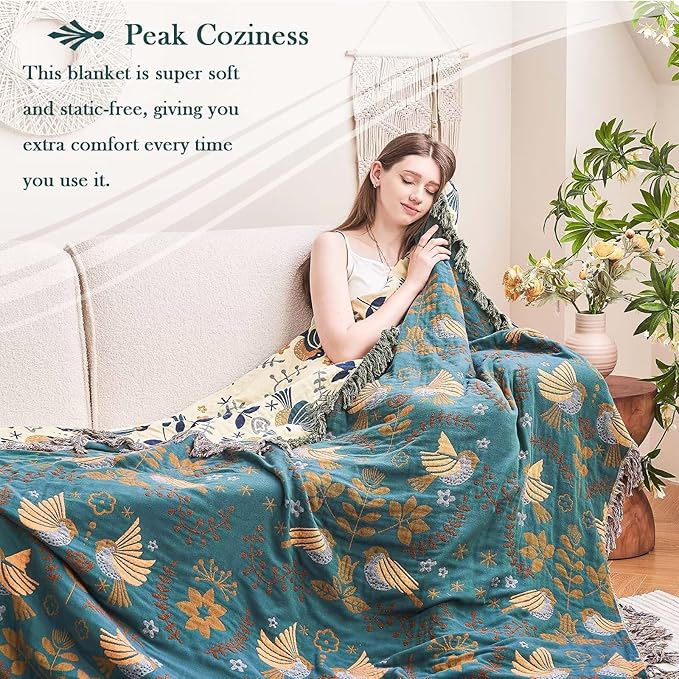 Boho Throw Blanket, 100% Cotton Ultra Soft Luxury Throw Rustic Quilt, 90"x98" Floral Printed Farmhouse Decor Bed Summer Blankets, All Season Rustic Reversible Bohemian Throw for Bed - Blue