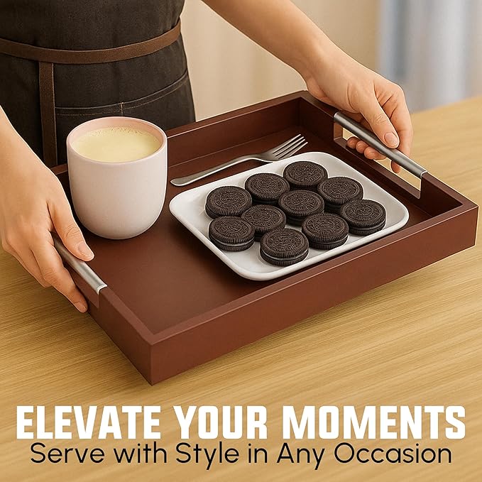 Acacia Wood Serving Tray with Handles - 17" x 13" Rectangular, Decorative Ottoman Tray for Living Room, Coffee Table, Breakfast in Bed, Candle Display