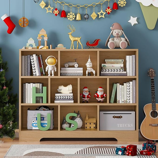 Book Shelf, 10 Cubes Storage Organizer, 3-Tier Open Shelf Wooden Bookcase, Freestanding Log Bookshelf Cube Shelf for Bedroom, Living Room, Home Office