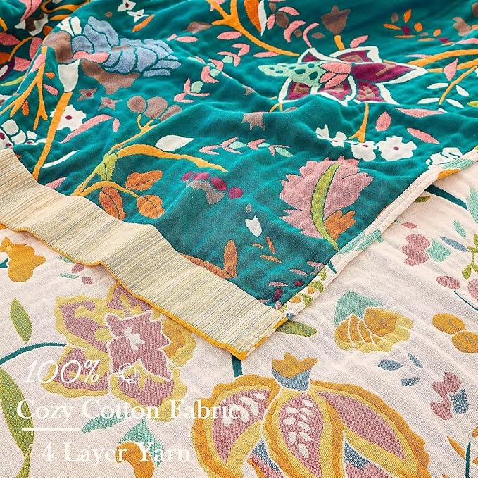 Boho Throw Blanket for Bed, 100% Cotton Soft Rustic Quilt Fall Blanket, 90"x98" Floral Printed Farmhouse Decor Bed Blankets, All Season Rustic Reversible Bohemian Throw Quilt