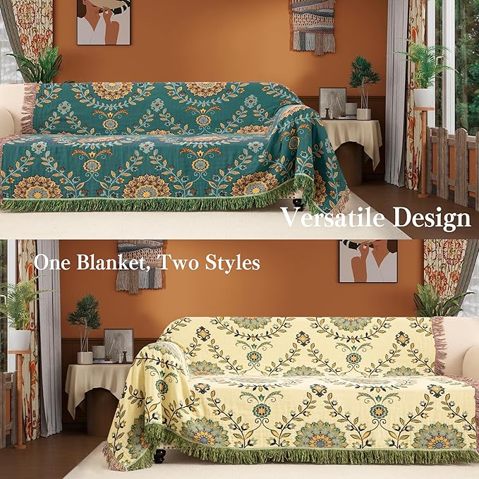 Boho Throw Blanket Twin Size, Soft Cozy Cotton Muslin Quilt Blanket for Bed Decor, Floral Patterned Couch Sofa Chair Cover, Vintage Farmhouse Cottage Tapestry Woven Blanket, Green&Beige