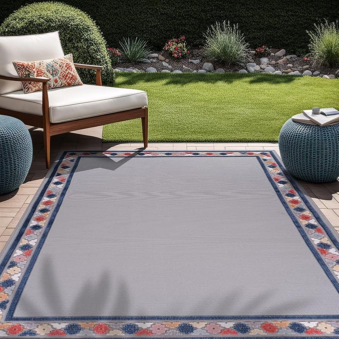Beverly Rug Outdoor Rug 8x10 Modern Bordered Area Rugs for Indoor and Outdoor Patio Easy to Clean Non Shedding Living Room Porch Garden Washable Outside Carpet (8 x 10 Gray)