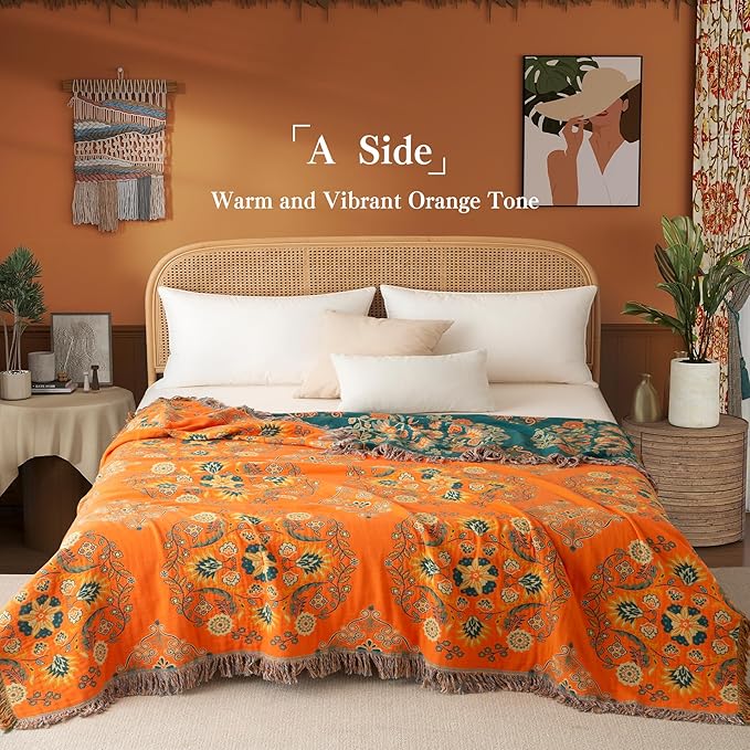 Boho Throw Blanket Twin Size, Soft Cozy Cotton Muslin Quilt Blanket for Bed Decor, Floral Patterned Couch Sofa Chair Cover, Vintage Farmhouse Cottage Tapestry Woven Blanket, Orange&Green