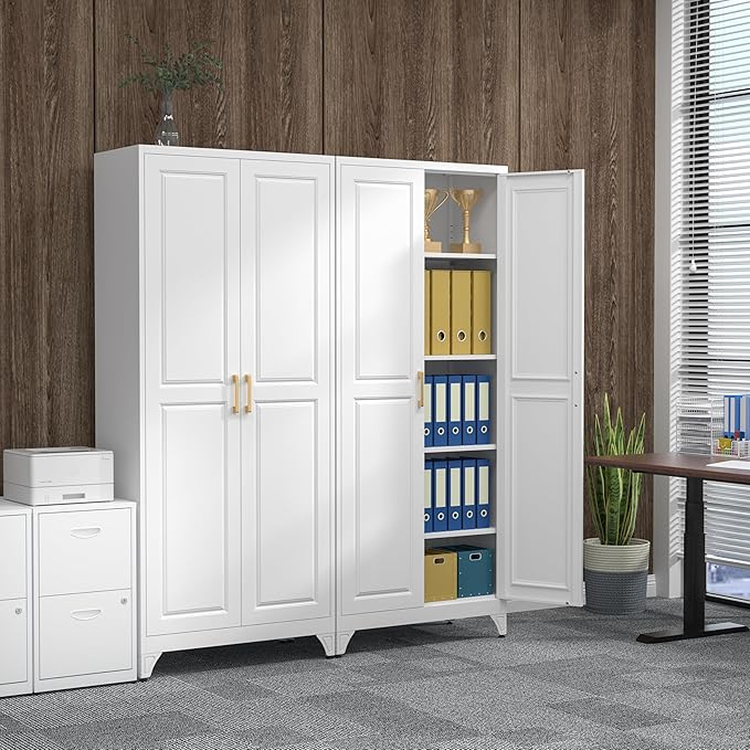 75" Kitchen Pantry Cabinet, White Metal Storage Cabinets with 2 Doors and 4 Adjustable Shelves, Tall Pantry Storage Cabinet for Kitchen, Dining Room, Living Room