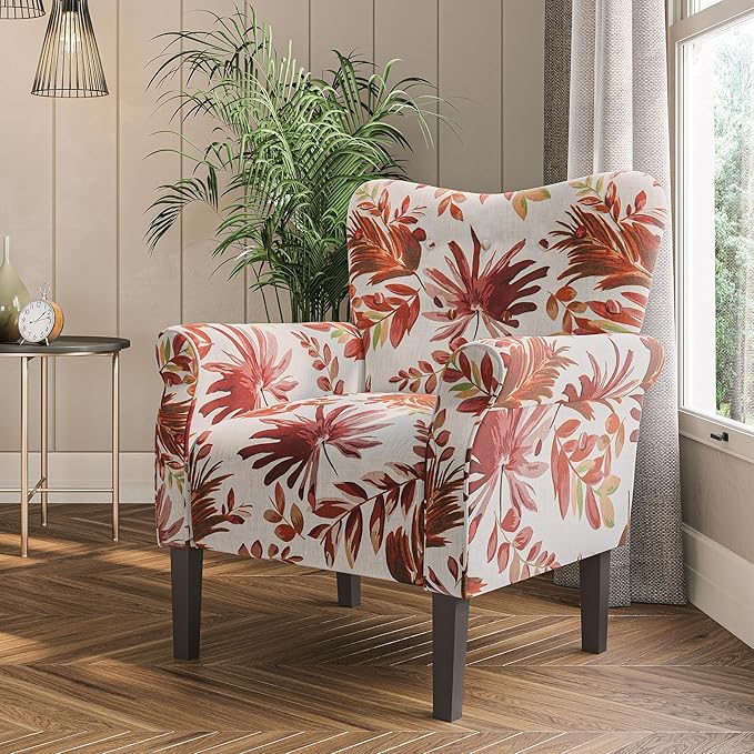 BELLEZE Modern Accent Chair for Living Room, High Back Floral Armchair with Wooden Legs, Upholstered Wingback Side Chair Padded Armrest Single Sofa for Living Room, Bedroom - Allston (Red Floral)