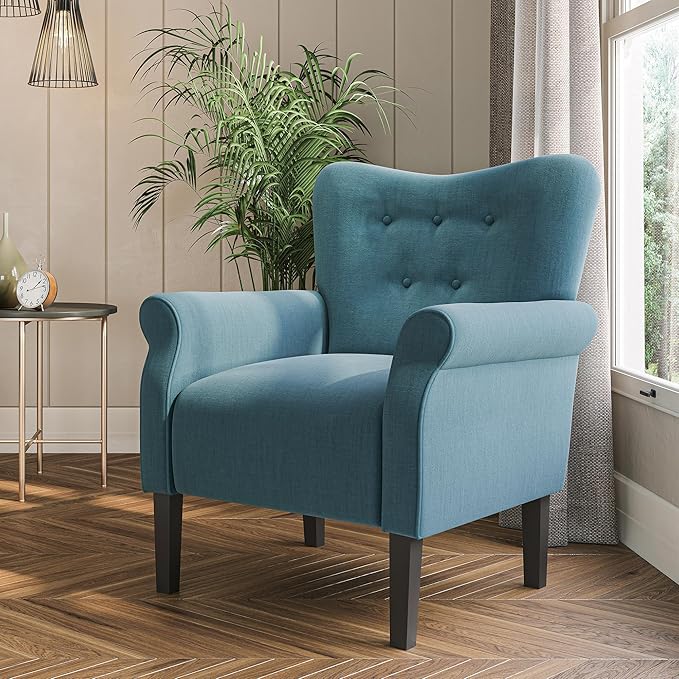 BELLEZE Modern Accent Chair, High Back Armchair, Upholstered Wingback Side Chair, Padded Single Sofa with Wooden Legs for Living Room, Bedroom - Baby Blue