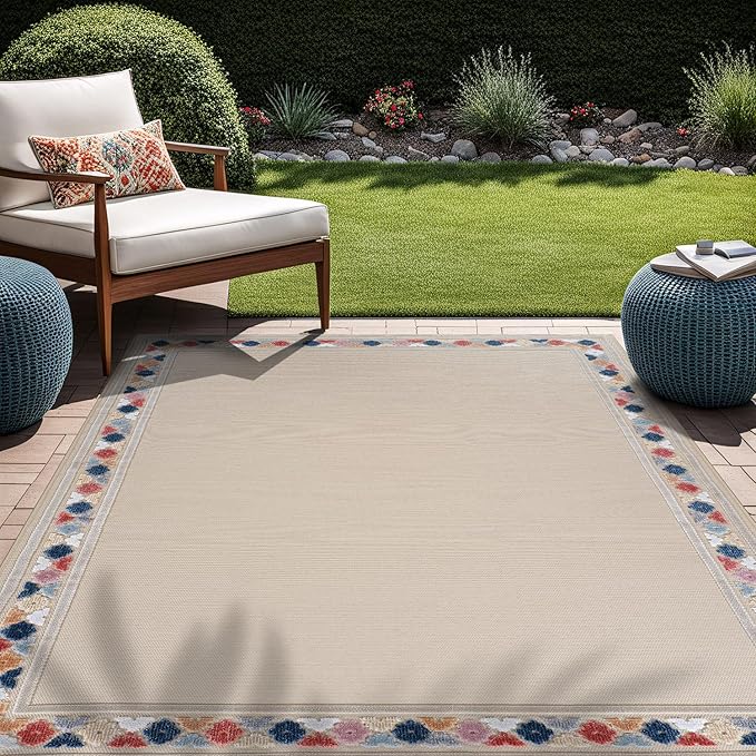 Beverly Rug Outdoor Rug 5x7 Modern Bordered Area Rugs for Indoor and Outdoor Patio Easy to Clean Non Shedding Living Room Porch Garden Washable Outside Carpet (5 x 7 Beige)