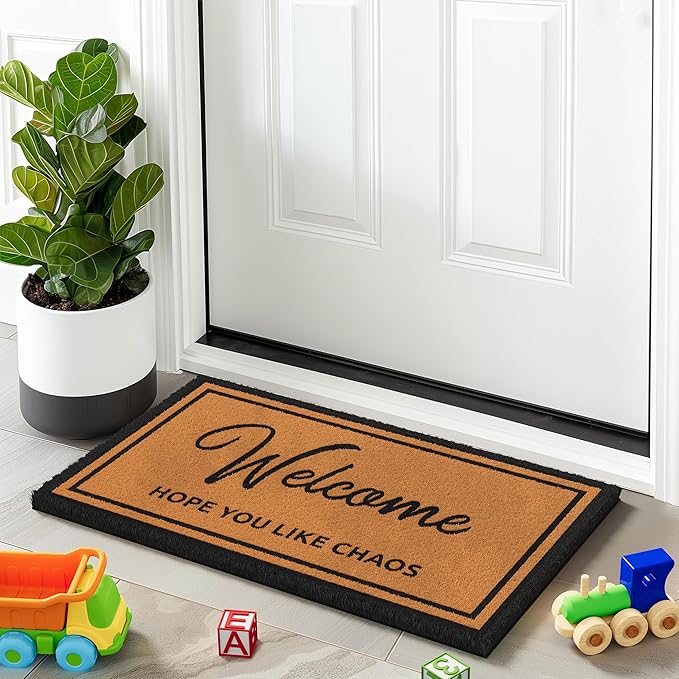 Barnyard Designs Natural Coco Coir Heavy Duty Backing Doormat - Large Cute Non-Slip Front Door Welcome Mat for Outside Entrance or Porch Entry, Brown (17x30, Chaos)