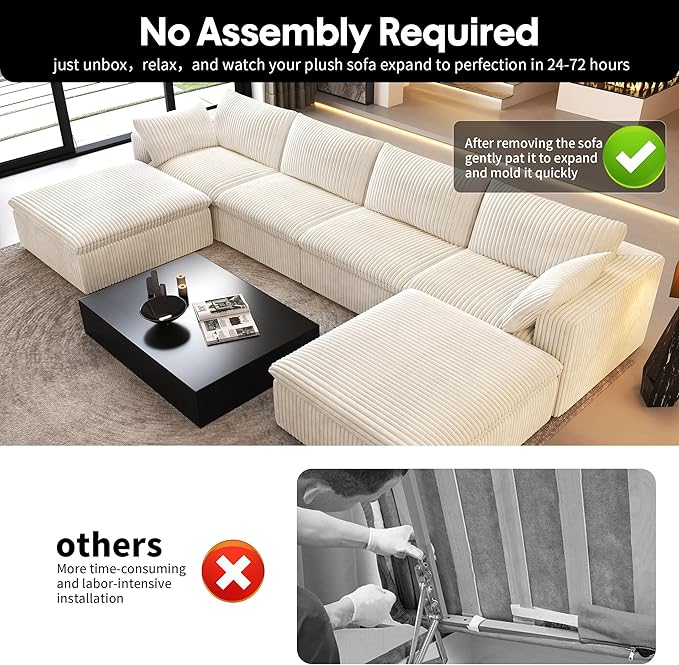 157.5" U Shaped Modern Sofa Modular Sectional Cloud Couch with 2 Ottoman,Deep Seat Upholstered Couches with Corduroy Fabric for Living Room Furniture,Bedroom and Apartment,No Assembly Required,White