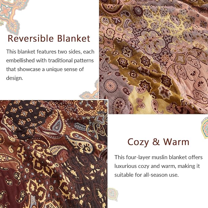 Boho Throw Blanket for Couch Sofa Bed, 100% Cotton Woven Quilt with Tassel 60”x80”, Super Soft Muslin Blanket with Patchwork Printed, Decorative Reversible Bed Blanket/Cover for All Seasons