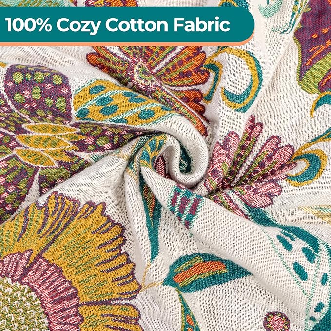 Boho Rustic Throw Blanket,100% Cotton Soft Vintage Bed Throw Blankets Floral Farmhouse Decor Throws,Reversible Throw for Sofa Couch, 60"×80" for All Seasons -White
