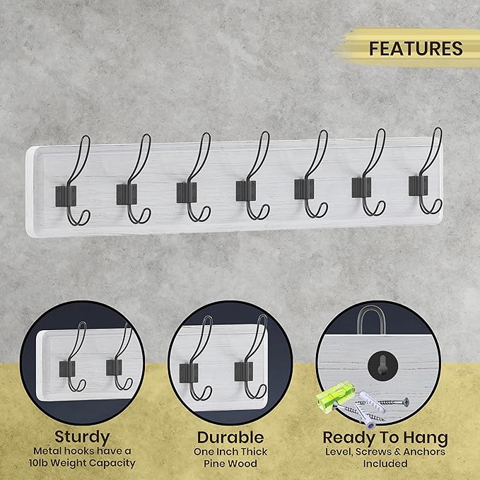 HBCY Creations Whitewash Solid Wood Wall Mounted Coat Rack with Shelf, 7 Hooks, 34" Long - Kitchen, Mudroom, Entryway, Bathroom - Includes Mounting Hardware, Coat Hanger, Dog Leash Hooks, Towel Rack