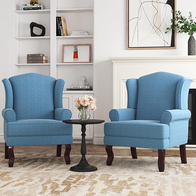 Accent Chair, High Back Upholstered Armchair with High Resilience Sponge & Wood Legs, Mid-Century Modern Comfy Single Sofa Reading Chairs for Living Room, Bedroom (Blue, Set of 2)