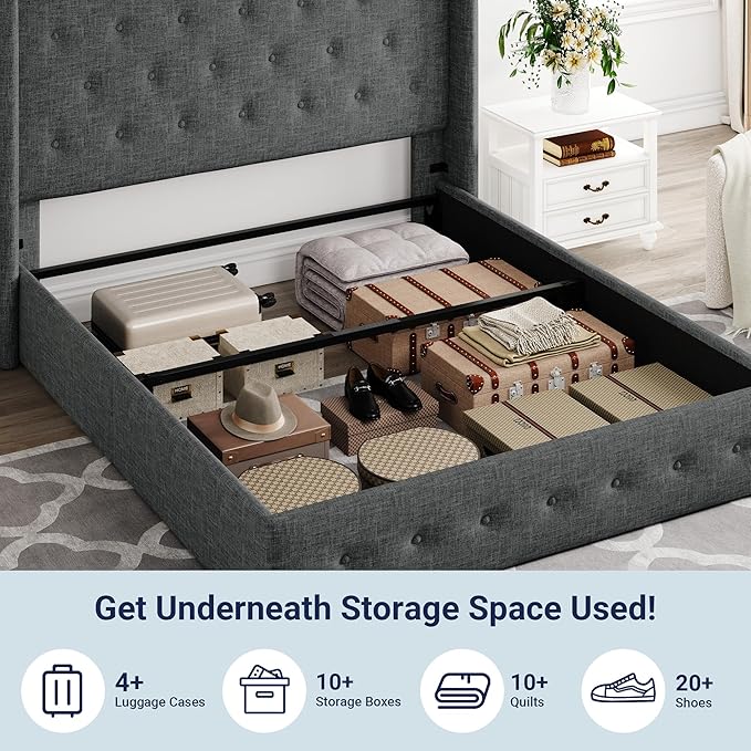 Allewie Queen Size Lift Up Storage Bed, Button Tufted Headboard with Wingback, Hydraulic Support, No Box Spring Needed, Dark Grey