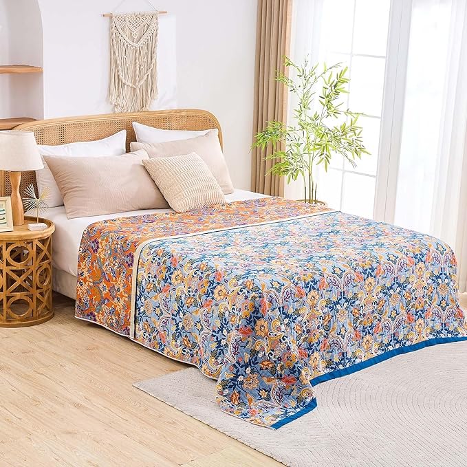 Boho Throw Blanket for Bed, 100% Cotton Soft Rustic Quilt Fall Blanket, 90"x98" Floral Printed Farmhouse Decor Bed Blankets, All Season Rustic Reversible Bohemian Throw Quilt