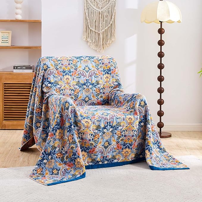 Boho Throw Blanket for Bed, 100% Cotton Soft Rustic Quilt Fall Blanket, 60"x80" Floral Printed Farmhouse Decor Bed Blankets, All Season Rustic Reversible Bohemian Throw Quilt