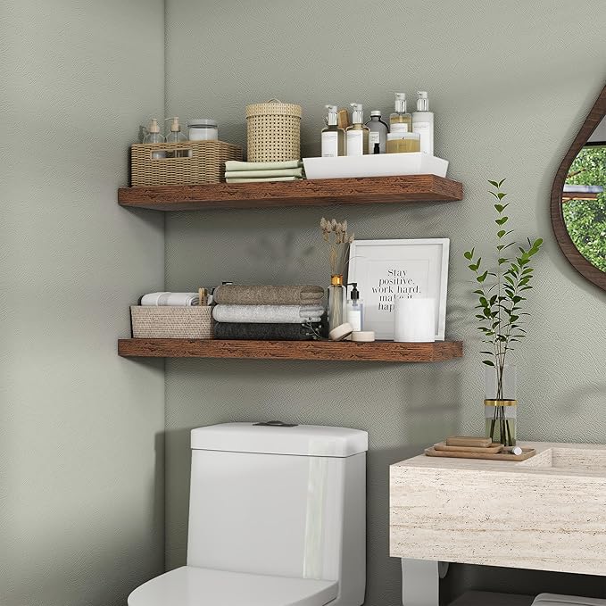 Heimlove 36 Inch Floating Shelves for Wall,10 Inch Deep Brown Wood Shelves with Invisible Brackets,Wall Mounted Storage & Display Shelves for Bedroom,Living Room,Kitchen,Office