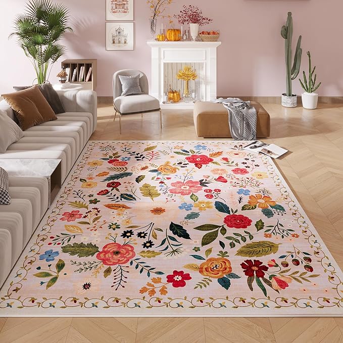 Area Rugs 8x10 Rug for Living Room Clearance Washable Boho Area Rug Non Slip Floral Vintage Low Pile Large Rug for Living Room, Bedroom, Farmhouse, Dining Room, Kids Playroom(Beige)