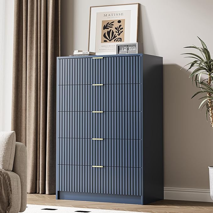 5 Drawer Dresser for Bedroom, Tall Dresser Chest of Drawers with Gold Handles, 32 Inch Wide Nightstand with for Bedroom, Living Rooms, Offices, and Entryways, Navy Blue