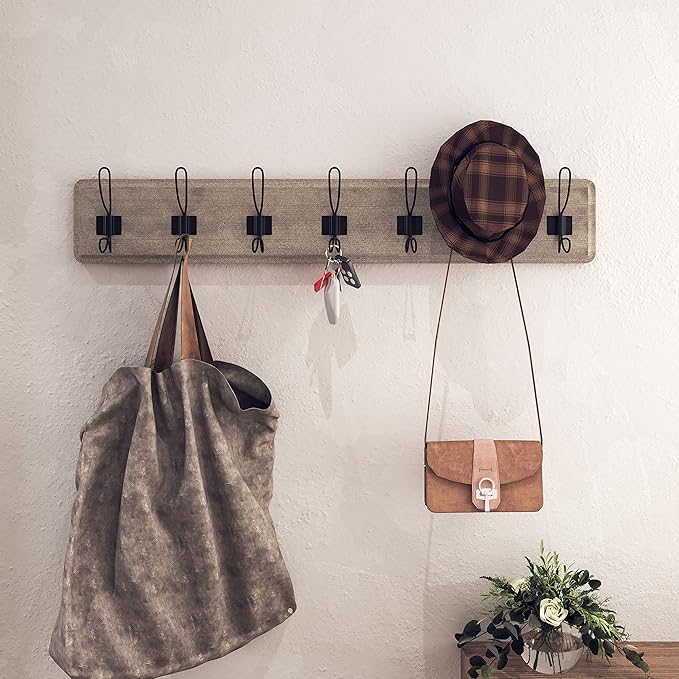 HBCY Creations Weathered Solid Wood Wall Mounted Coat Rack with Shelf, 7 Hooks, 34" Long - Kitchen, Mudroom, Entryway, Bathroom - Includes Mounting Hardware, Coat Hanger, Dog Leash Hooks, Towel Rack