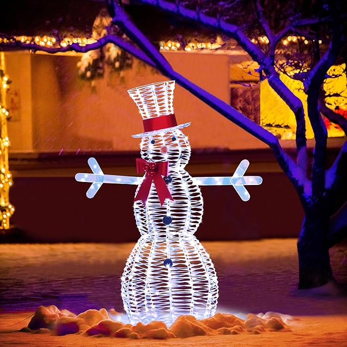 4.5FT Lighted Snowman for Christmas Decoration, 3D Pre-Lit Iridescent Snowman Xmas Decor with 100 LED Lights, Glittered Standing Holiday Display for Outdoor, Indoor