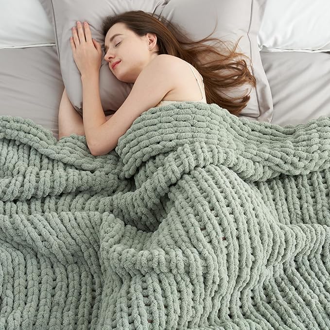 Amélie Home Chunky Knit Throw Blanket for Couch, Soft Chenille Crochet Blanket for Kids, 30"x40", Sage Green