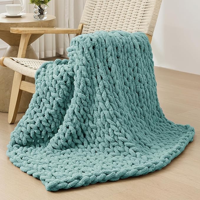 Bigacogo Chunky Knit Throw Blanket for Couch, 40x40 inches, 100% Hand Knitted with Thick Jumbo Chenille Yarn, Cozy Soft Large Rope Knot Cable Crochet Blankets for Sofa Bed Living Room, Light Teal