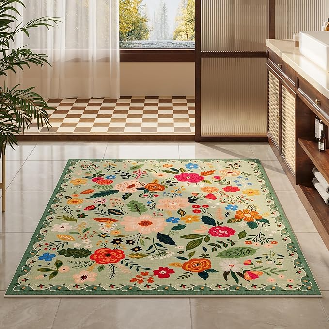Area Rug 4x6 Rug Washable Boho Rugs Non Slip Low Pile Floral Small Carpet for Bedroom, Bedside, Kids Room, Office, Dining Room(Green)