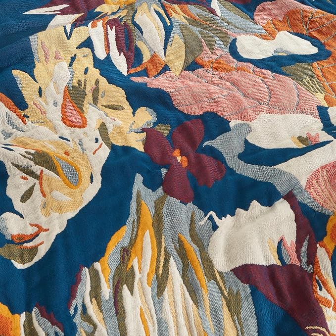 Boho Throw Blanket for Bed 60”x80”, 100% Cotton Woven Blanket for Couch Sofa, Ultra Soft 4-Layer Muslin Quilt with Floral Printed, Farmhouse Bed Blanket/Cover for Living Room Decor