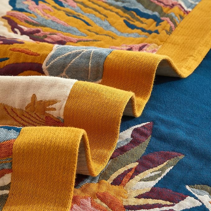 Boho Throw Blanket for Bed 80”x90”, 100% Cotton Woven Blanket for Couch Sofa, Ultra Soft 4-Layer Muslin Quilt with Vintage Floral Printed, Farmhouse Bed Blanket/Cover for Living Room Decor