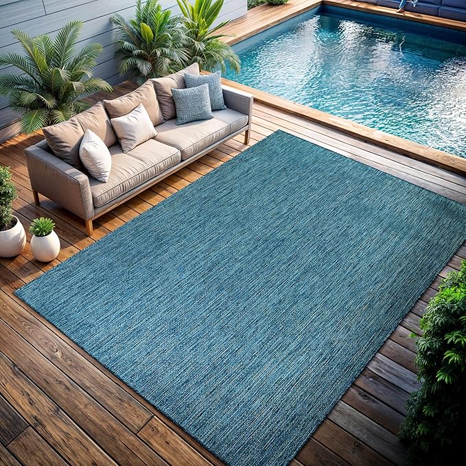CAMILSON Outdoor Rug 9x12 Modern Area Rugs for Large Indoor and Outdoor Patios and Porches - Waterproof, Washable, Non-Shedding, Easy-to-Clean Outside Carpet (9 x 12, Solid - Aqua)