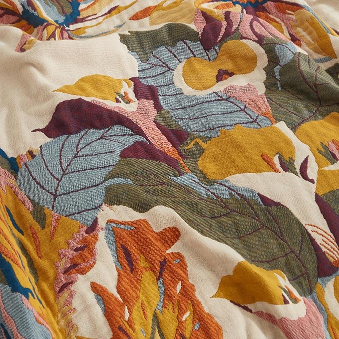 Boho Throw Blanket for Bed 90”x98”, 100% Cotton Woven Blanket for Couch Sofa, Ultra Soft 4-Layer Muslin Quilt with Vintage Floral Printed, Farmhouse Bed Blanket/Cover for Living Room Decor