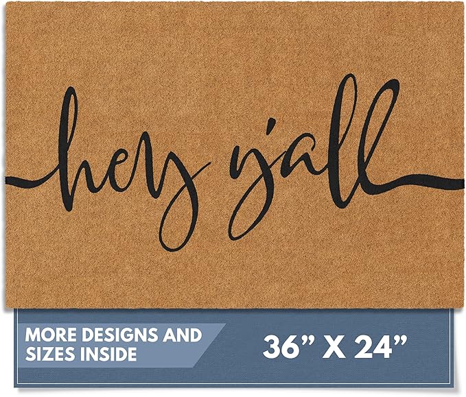 Barnyard Designs Natural Coco Coir Heavy Duty Backing Doormat - Large Cute Non-Slip Front Door Welcome Mat for Outside Entrance or Porch Entry, Brown (24x36, Y'all)