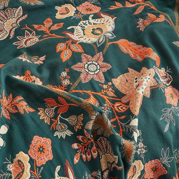 Boho Throw Blanket for Bed 90”x98”, 100% Cotton Woven Blanket for Couch Sofa, Ultra Soft 4-Layer Muslin Quilt with Floral Printed, Farmhouse Bed Blanket/Cover for Living Room Decor