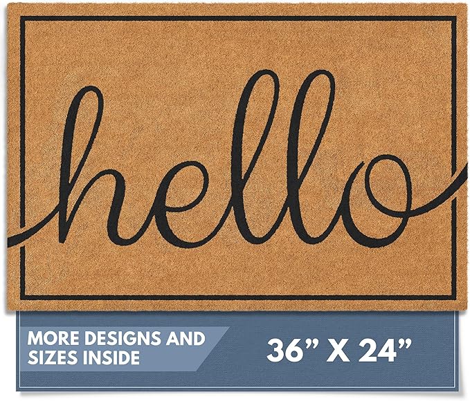 Barnyard Designs Natural Coco Coir Heavy Duty Backing Doormat - Large Cute Non-Slip Front Door Welcome Mat for Outside Entrance or Porch Entry, Brown (24x36, Hello)